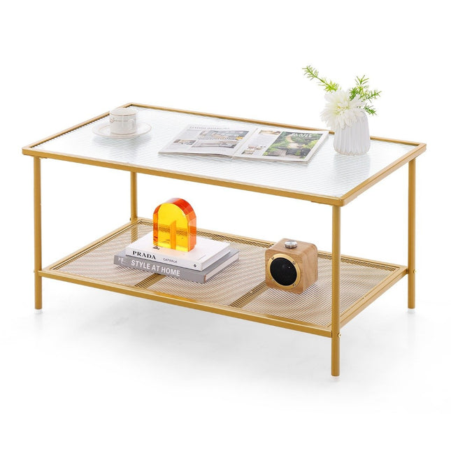 Coffee table glass glass table with 2 levels living room table with mesh shelf Golden 90 x 50 x 46 cm