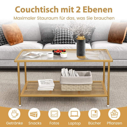Coffee table glass glass table with 2 levels living room table with mesh shelf Golden 90 x 50 x 46 cm