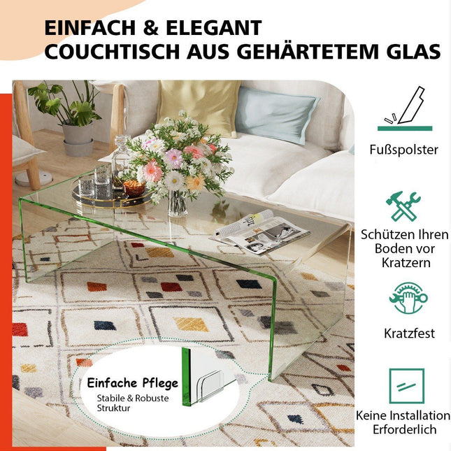 Coffee table glass table U-shaped side table made of tempered glass 108 x 50 x 35 cm