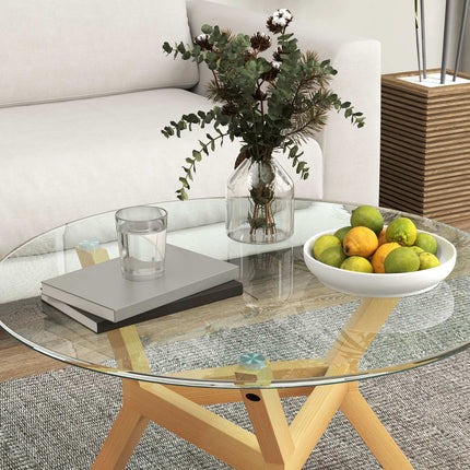 Round coffee table in tempered glass, adjustable foot pads
