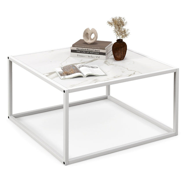 Coffee table marble look rectangular coffee table with metal frame 70 x 70 x 40 cm white