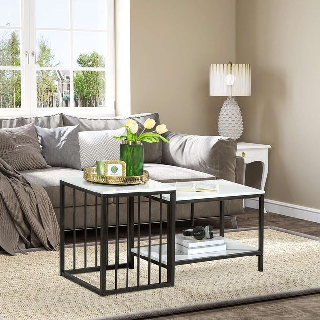 Modern nesting coffee table set, marble look, steel