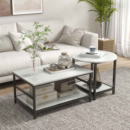 Modern coffee table in marble look with 2 pcs., steel frame