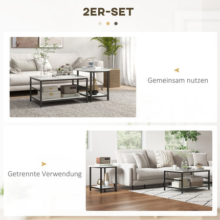 Modern coffee table in marble look with 2 pcs., steel frame