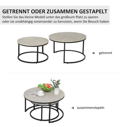 Stackable gray coffee table set, metal frame, for living room