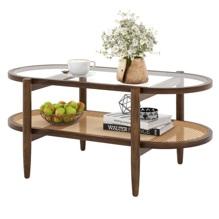 Coffee table side table with glass table top & rattan shelf 102 x 56 x 47 cm brown