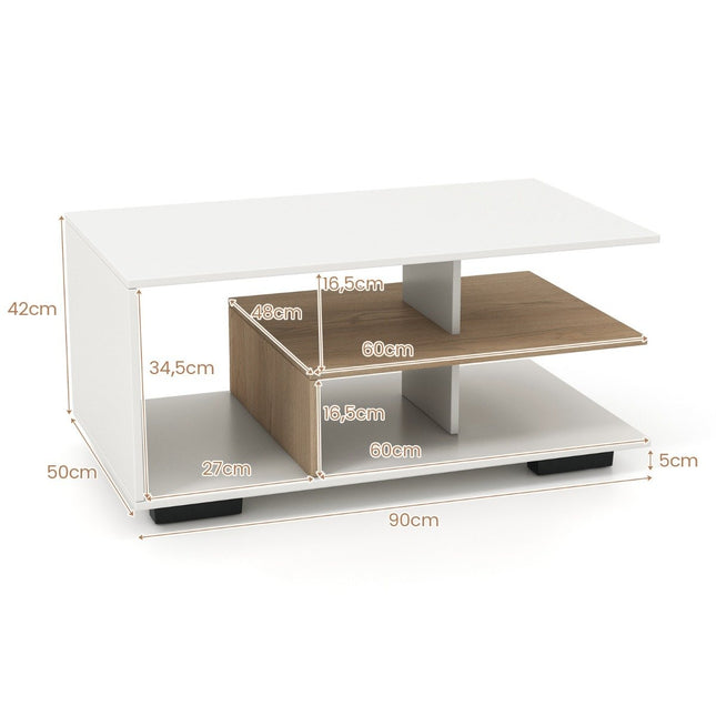 Coffee table with storage &amp; L-shaped center shelf rectangular living room table accent table white