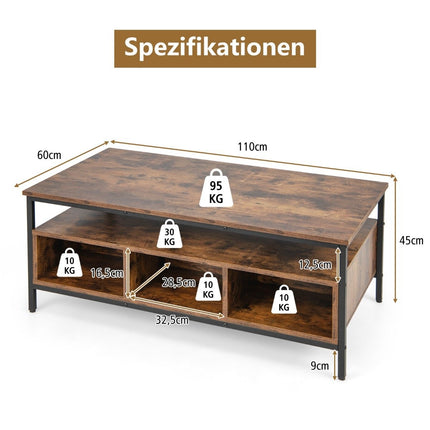 Coffee table wood 3 levels living room table with open shelf 110 x 60 x 45 cm in industrial style
