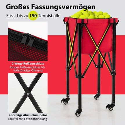Collapsible Tennis Ball Cart with Wheels Removable Bag Side Pockets & Carry Bag Portable Ball Cart Holds 150 Tennis Balls Red