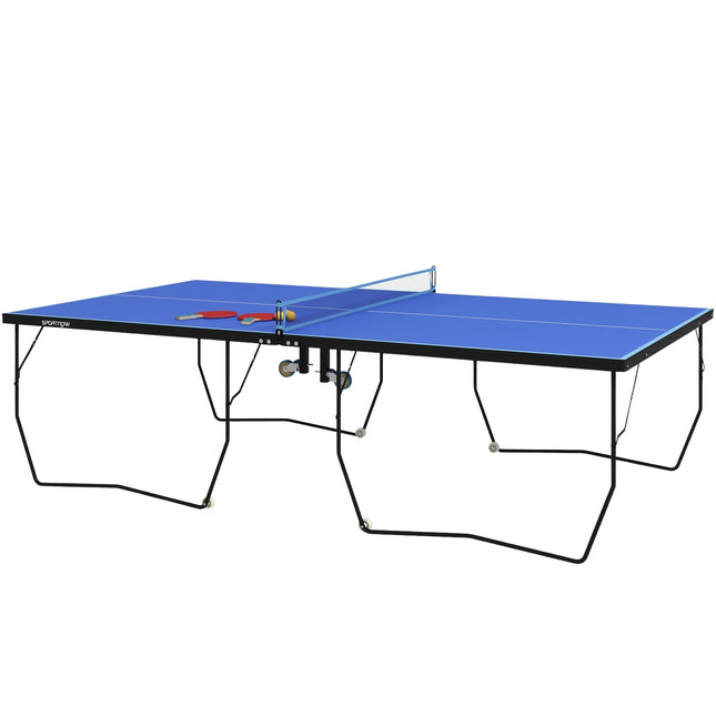 Outdoor tafeltennistafel, opvouwbare tafeltennistafel met net, wielen, 2 tafeltennisbats, 3 ballen, staal, blauw, 274x152,5x76cm