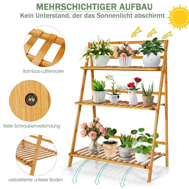 Collapsible plant stand made of bamboo 3-tier ladder shelf 70 x 38 x 95.5 cm natural