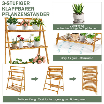 Collapsible plant stand made of bamboo 3-tier ladder shelf 70 x 38 x 95.5 cm natural