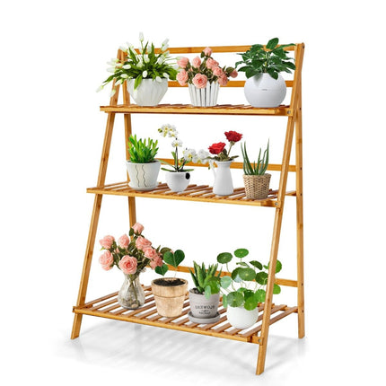 Collapsible plant stand made of bamboo 3-tier ladder shelf 70 x 38 x 95.5 cm natural