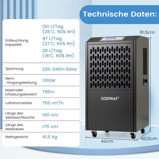Commercial Dehumidifier, 118L/Day, Auto Drain, 4 Wheels