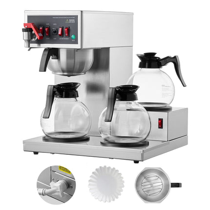 Commercial Drip Coffee Maker, 12 Cups, 3 Glass Carafes, 3 Warming Plates
