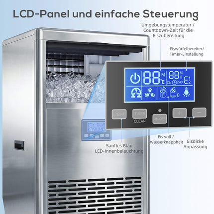 Commercial Ice Maker, 45kg/Day, Stainless Steel, LCD Panel