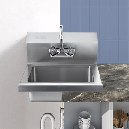 Commercial Stainless Steel Hand Sink With Faucet – 17-Inch, Backsplash