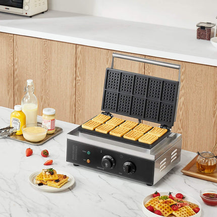 Commercial Waffle Maker, 10-Rectangular, 1550W, Temp Timer