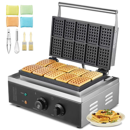 Commercial Waffle Maker, 10-Rectangular, 1550W, Temp Timer