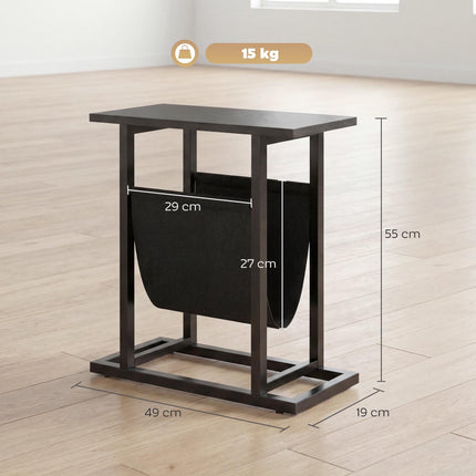 Compact Black Side Table with Steel Frame and Fabric Pocket