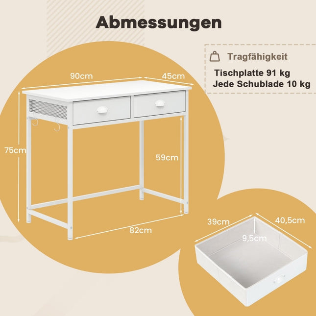 Compact Computer Desk with 2 Fabric Drawers & Hooks