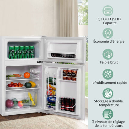 Compact Mini Fridge 90L, 2-Door Separate Freezer, White