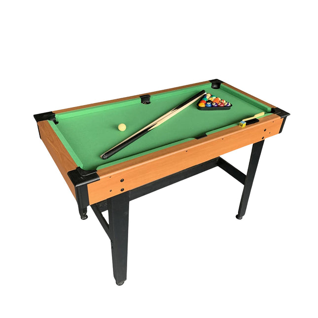 Compacte pooltafel met keu en ballen, gemaakt van MDF.