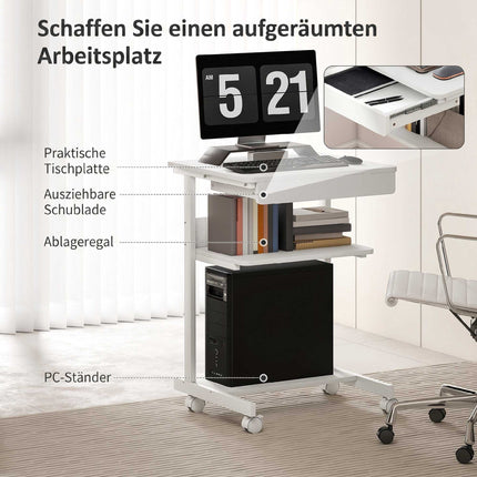 Compact Rolling Desk with Drawer & Shelves, White