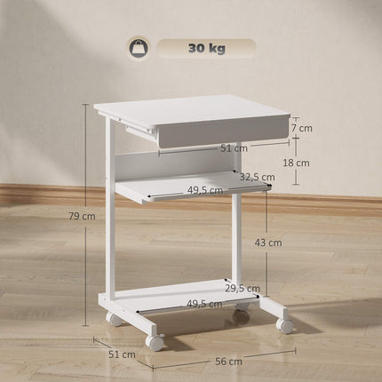 Compact Rolling Desk with Drawer & Shelves, White