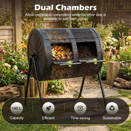 Compost Tumbler, 142L Dual-Chamber Outdoor Bin