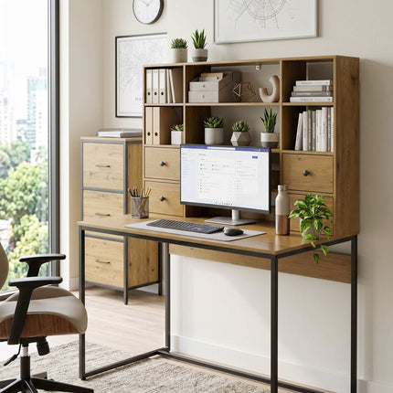 Computer Desk 105 cm With 4 Drawers and Shelves, Natural