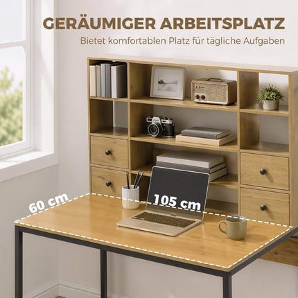 Computer Desk 105 cm With 4 Drawers and Shelves, Natural
