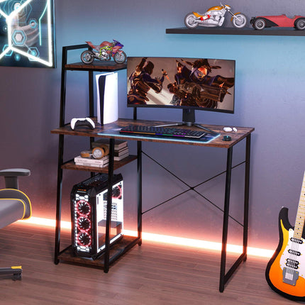 Computer Desk With 4-Tier Shelves, Compact, Brown