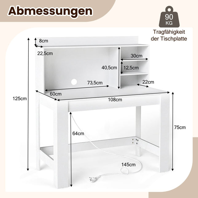 Computer Desk with Hutch, Power Outlets & Cable Management