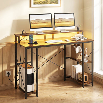 Computer Desk with LED Lights, Power Outlets & Monitor Stand