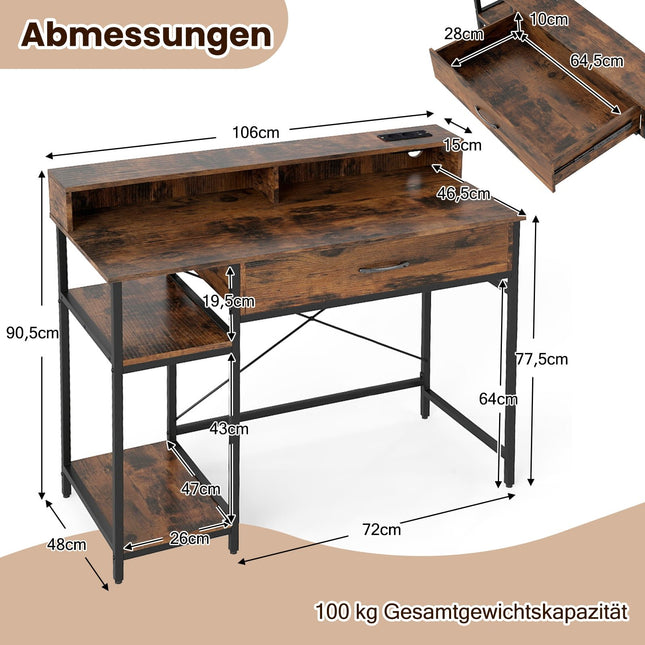 Computer Desk with Power Outlets, Drawer & Shelves, Rustic Brown