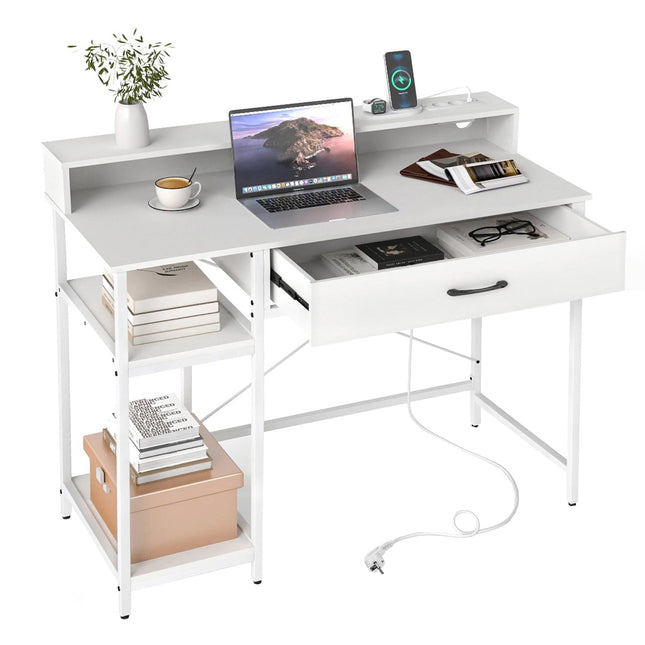 Computer Desk with Power Outlets, Drawer & Shelves, White