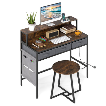 Computer Desk with Power Outlets and Stool Set – Rustic Brown