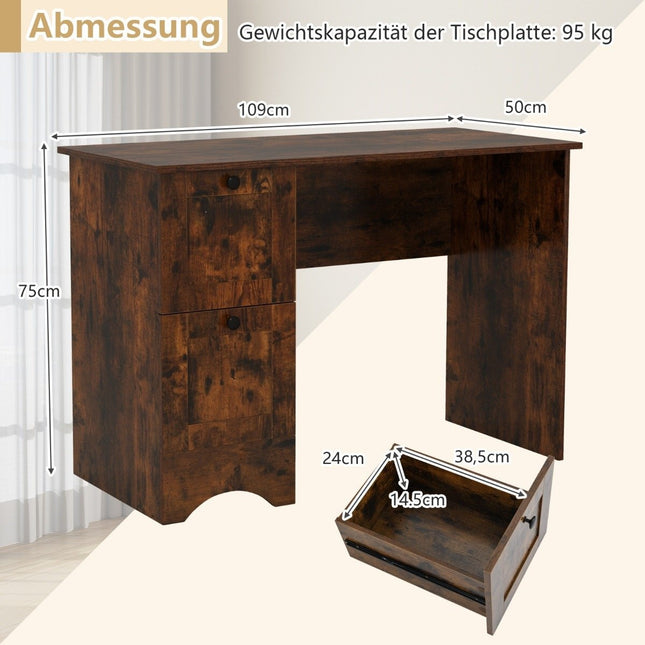 Computer table with 2 drawers, desk, robust gaming table, dressing table, laptop table, brown