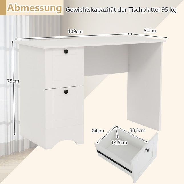Computer table with 2 drawers, desk, robust gaming table, dressing table, laptop table, white