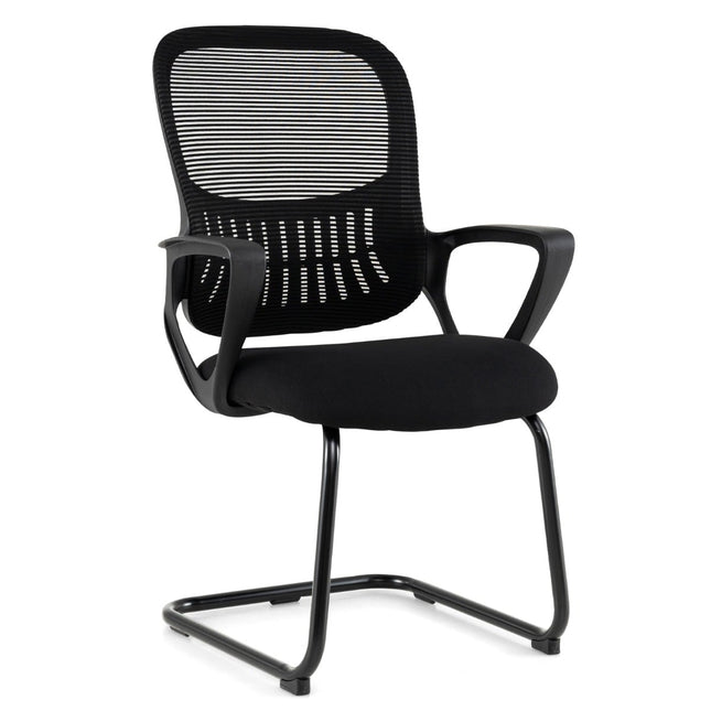 Set van 2 vergaderstoelen, zwarte rugleuning van gaas, inclusief opbergmand.