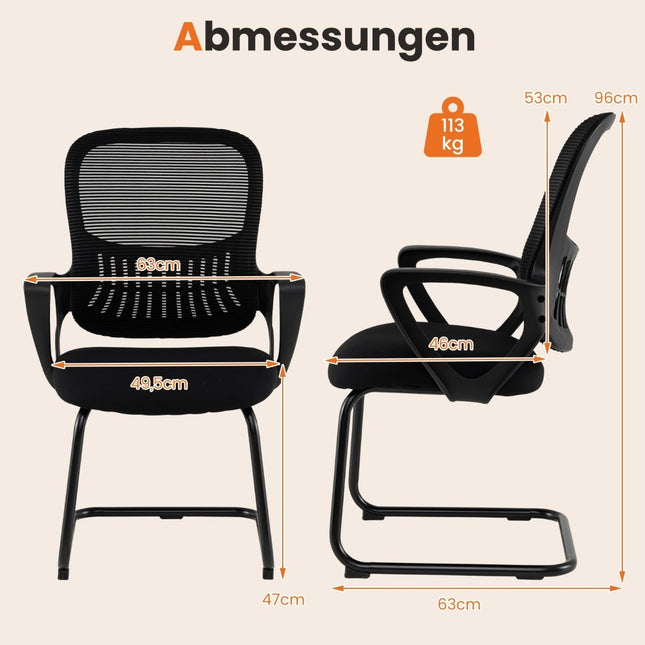 Set van 2 vergaderstoelen, zwarte rugleuning van gaas, inclusief opbergmand.