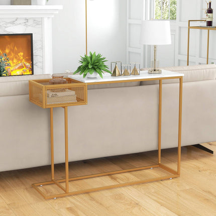 Console Table, Faux Marble Top, Storage Basket, Gold Frame