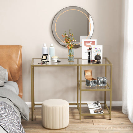 Console Table, Tempered Glass Top, 2 Shelves, Gold Frame