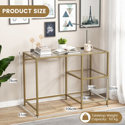 Console Table, Tempered Glass Top, 2 Shelves, Gold Frame