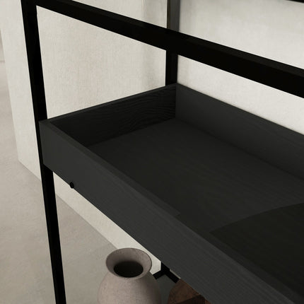 Black steel console table with glass top and 2 shelves - 100x30x78 cm