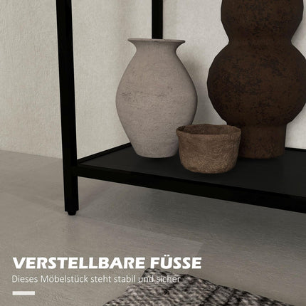 Black steel console table with glass top and 2 shelves - 100x30x78 cm