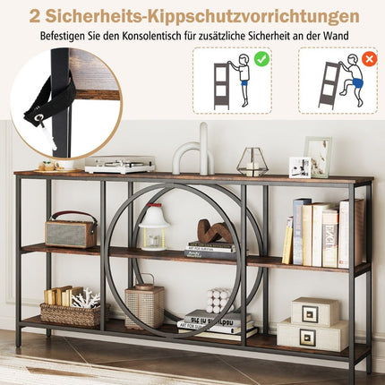 Console Table with 3 Tiers – Brown Faux Wood, Metal Frame