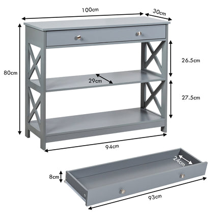 Console Table with Drawer, 3-Tier, Wood, 100x30x80 cm, Gray