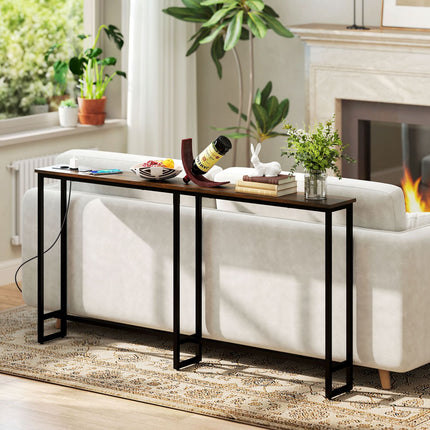 Industrial narrow console table, charging station, rustic brown